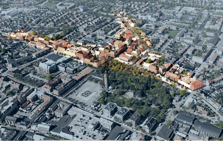 Bilden visar hela det planlagda området Övre och stadsparkskvarteren.