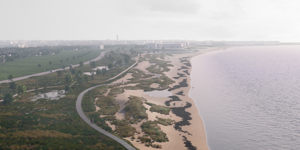 Illustration på västra stranden, framtagen av Sweco.